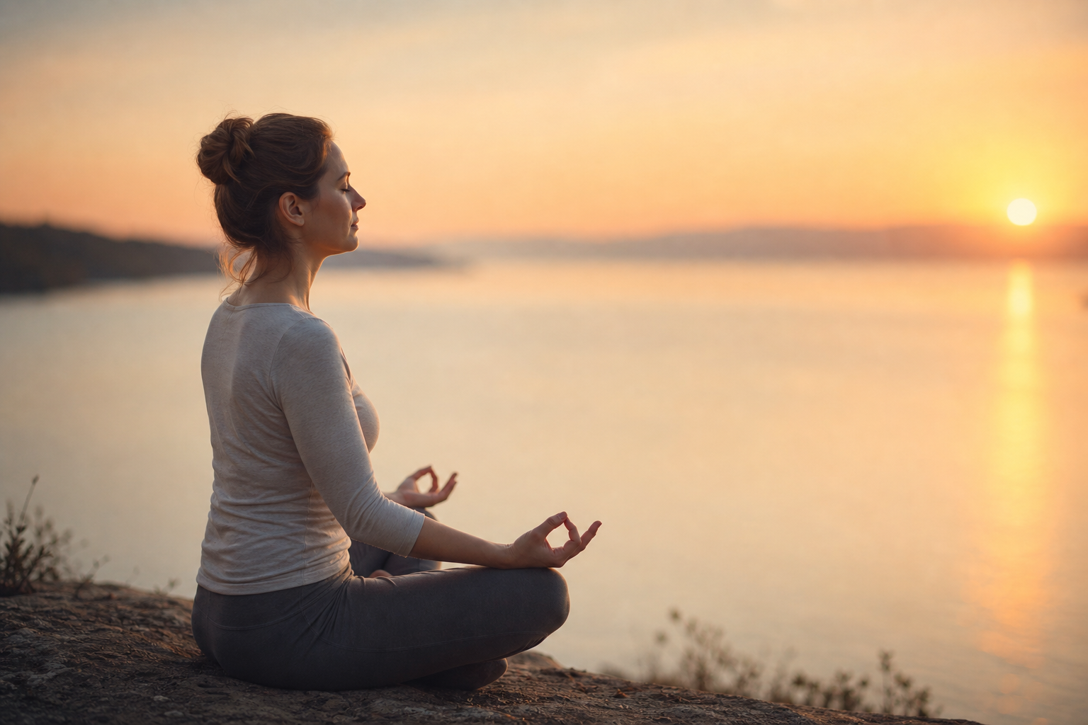 A person meditating in profile at sunset, calm and grounded